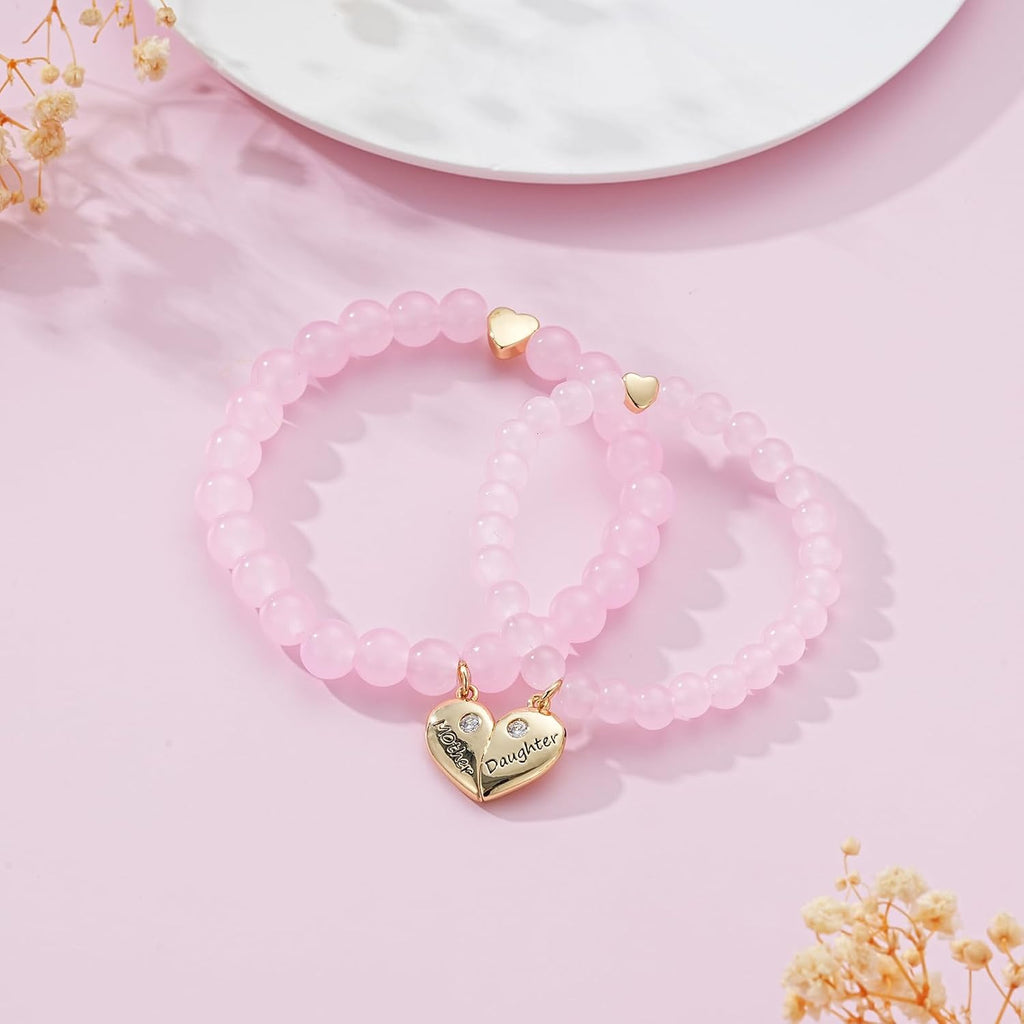 Mothers Day Gifts- Mother Daughter Bracelets Set, Matching Heart Charm Natural Stone Bracelet Jewelry Gifts for Mom Daughter