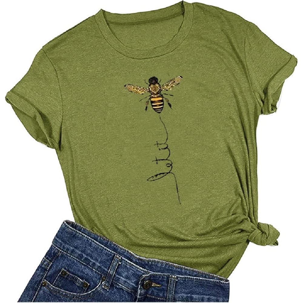 Womens Cute Bee Graphic Tee Shirts Short Sleeve Let It Bee Funny Letter Print Summer T-Shirt Tops