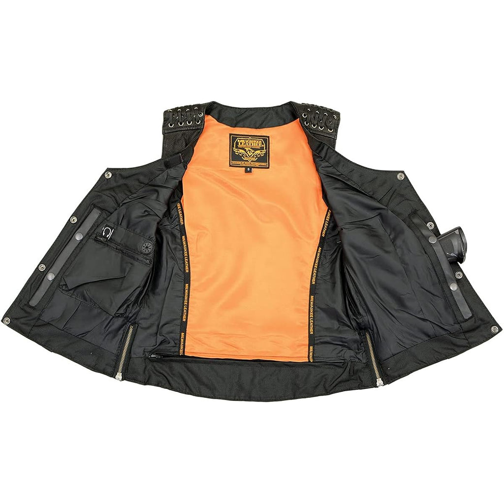 Milwaukee Leather Women'S V-Neck Distress Grey Premium Leather Motorcycle Rider Vest W/Side Laces Mll4531