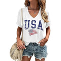 USA Flag V-Neck Shirt Women Star and Stripes Graphic Tops Red White and Blue Short Sleeve Tee Summer Patriotic T-Shirt