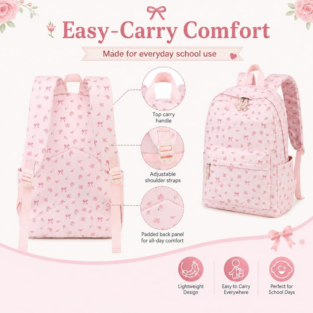 Bluboon Teen Girls School Backpack Kids Bookbag Set With Lunch Box Pencil Case Travel Laptop Backpack Casual Daypacks (Pink Bow Tie)