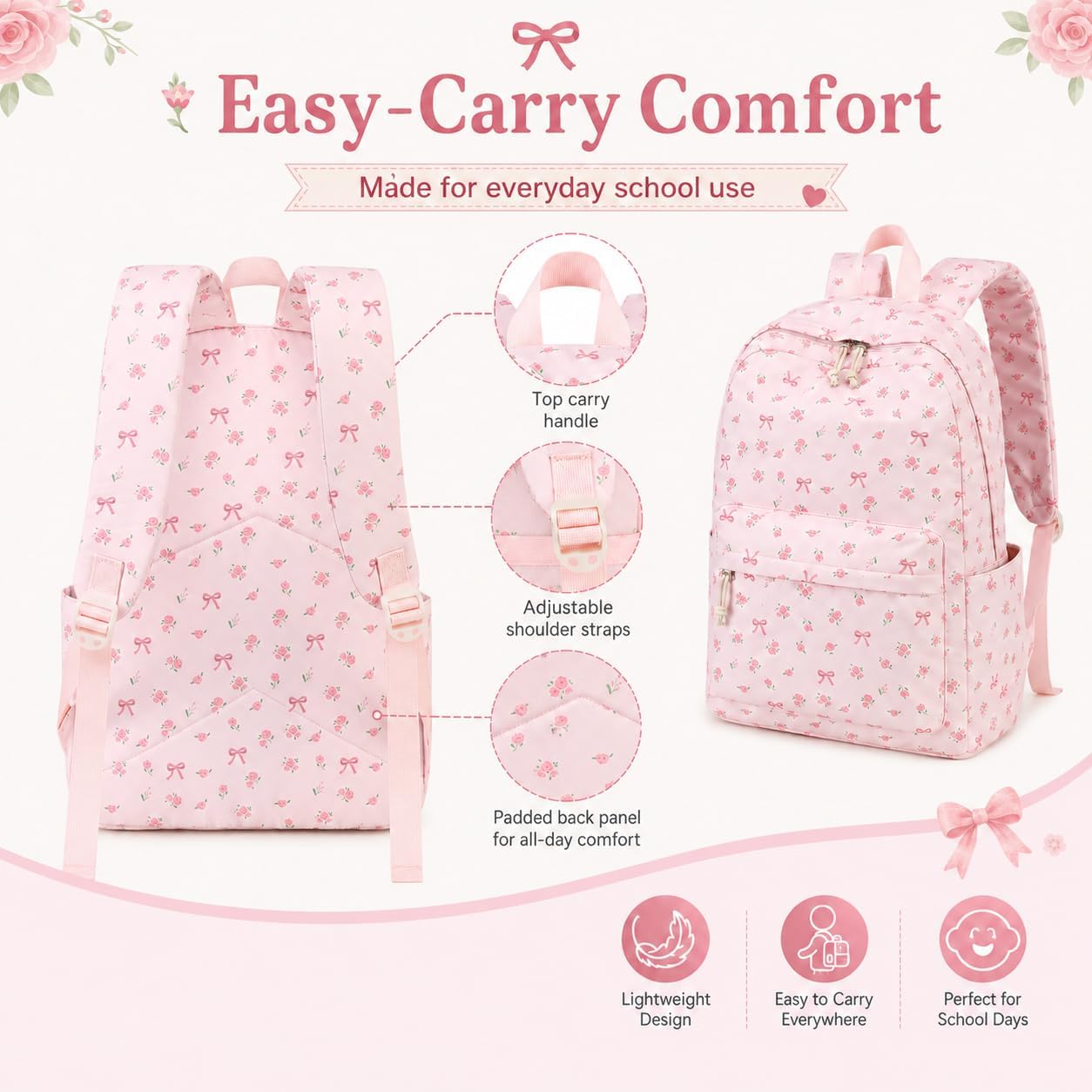 Bluboon Teen Girls School Backpack Kids Bookbag Set With Lunch Box Pencil Case Travel Laptop Backpack Casual Daypacks (Pink Bow Tie)