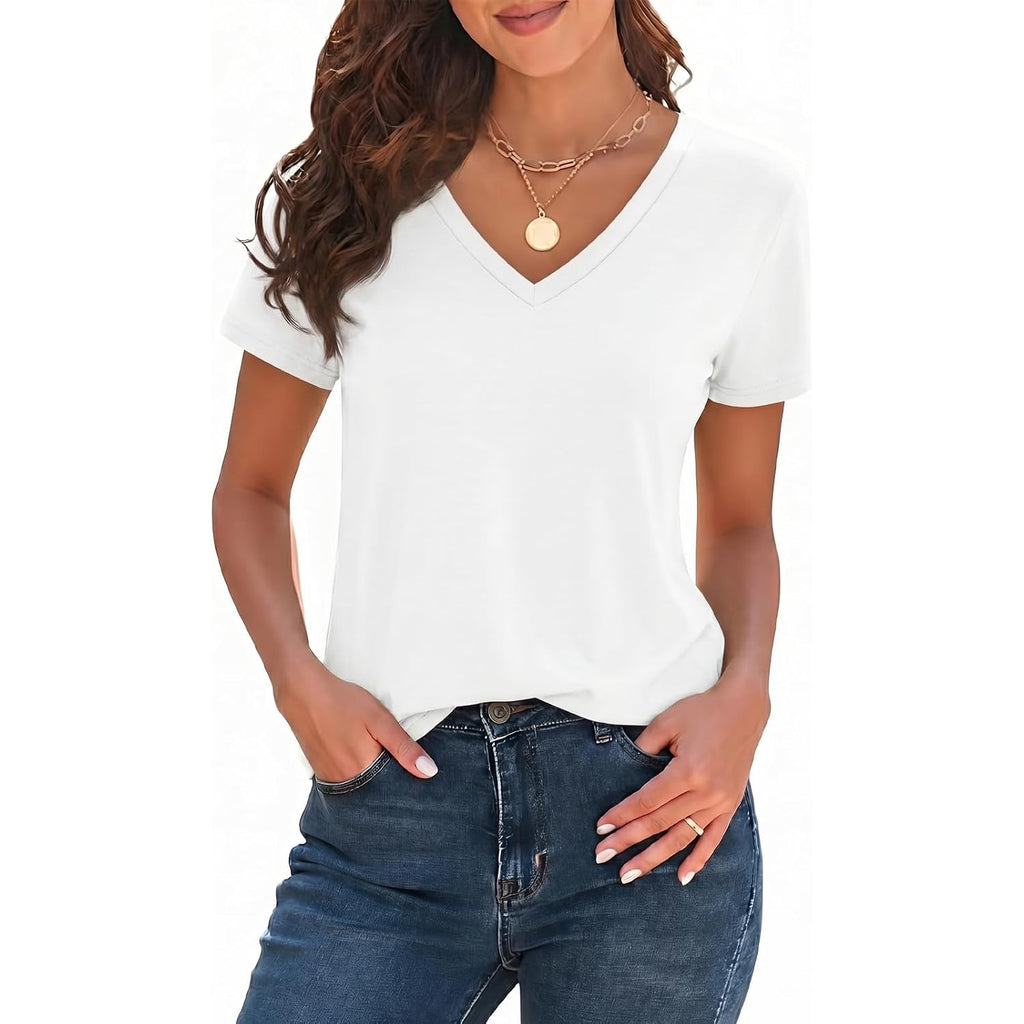 Imily Bela Womens V Neck Short Sleeve T-Shirt Loose Fit Solid Color Basic Tee Lightweight Non-Sheer Summer Tunic Tops