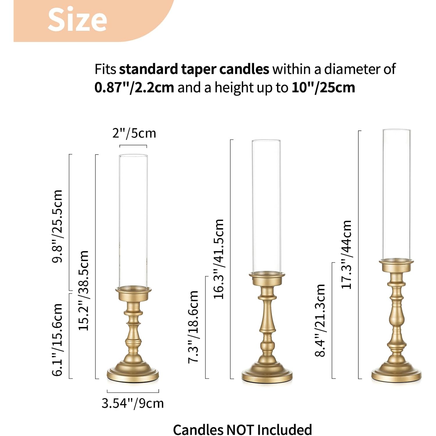NUPTIO Hurricane Candle Holder for Centerpiece: Set of 3 Gold Candlestick Holders with Glass Shade - Vintage Taper Candleholder for Christmas Dining Table Fireplace Mantle Decor