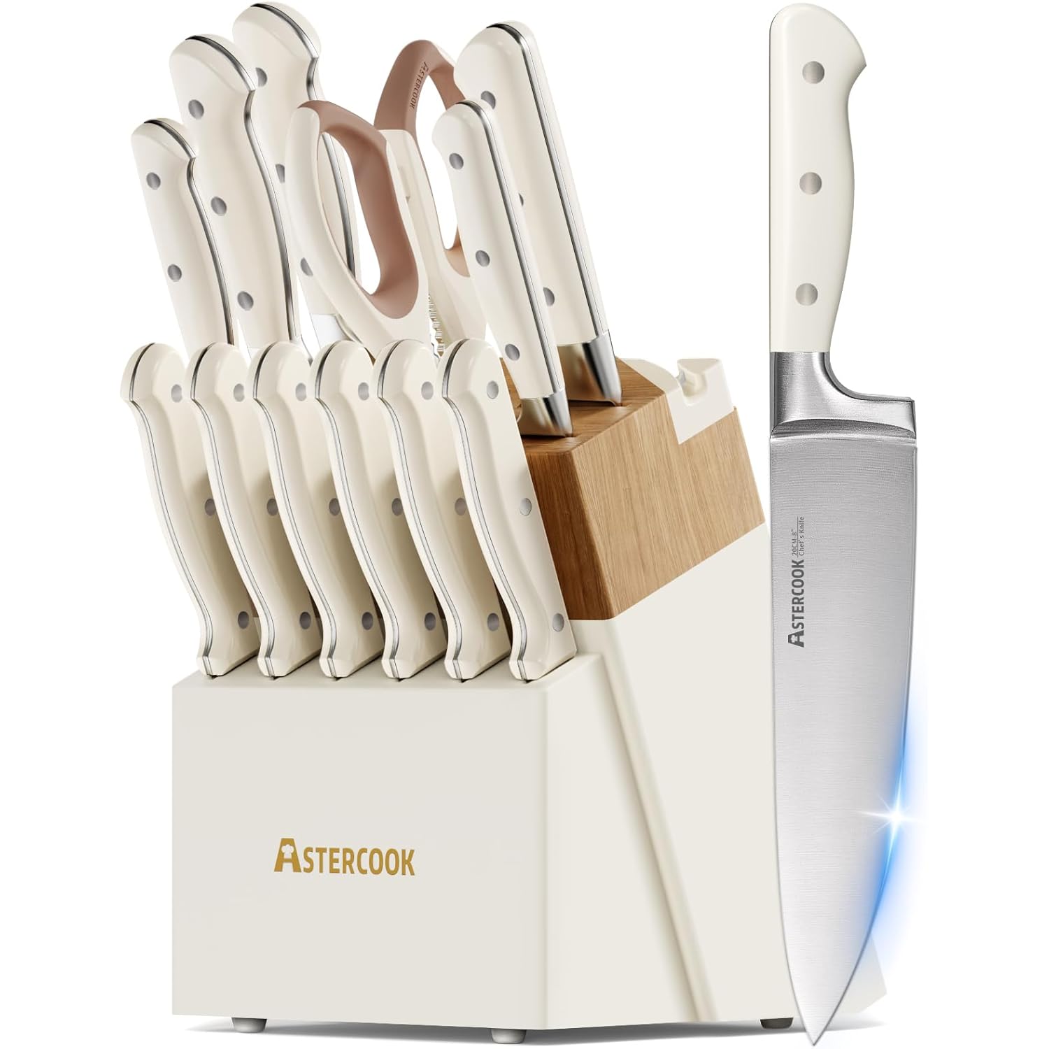 Knife Set,Astercook Kitchen Knife Set with Block 14-Piece Full Tang Stainless Steel Knives with Sharpener Dishwasher Safe and Anti-Slip Ergonomic Handle Utensils Set