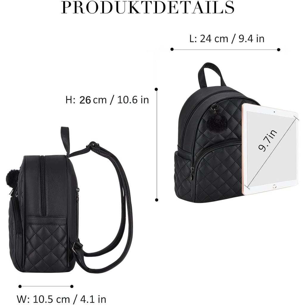 ECOSUSI Mini Backpack for Women Leather Small Backpack Purse for Ladies Cute Pom Bookbag Travel Shoulder Bag with Charm Tassel Black