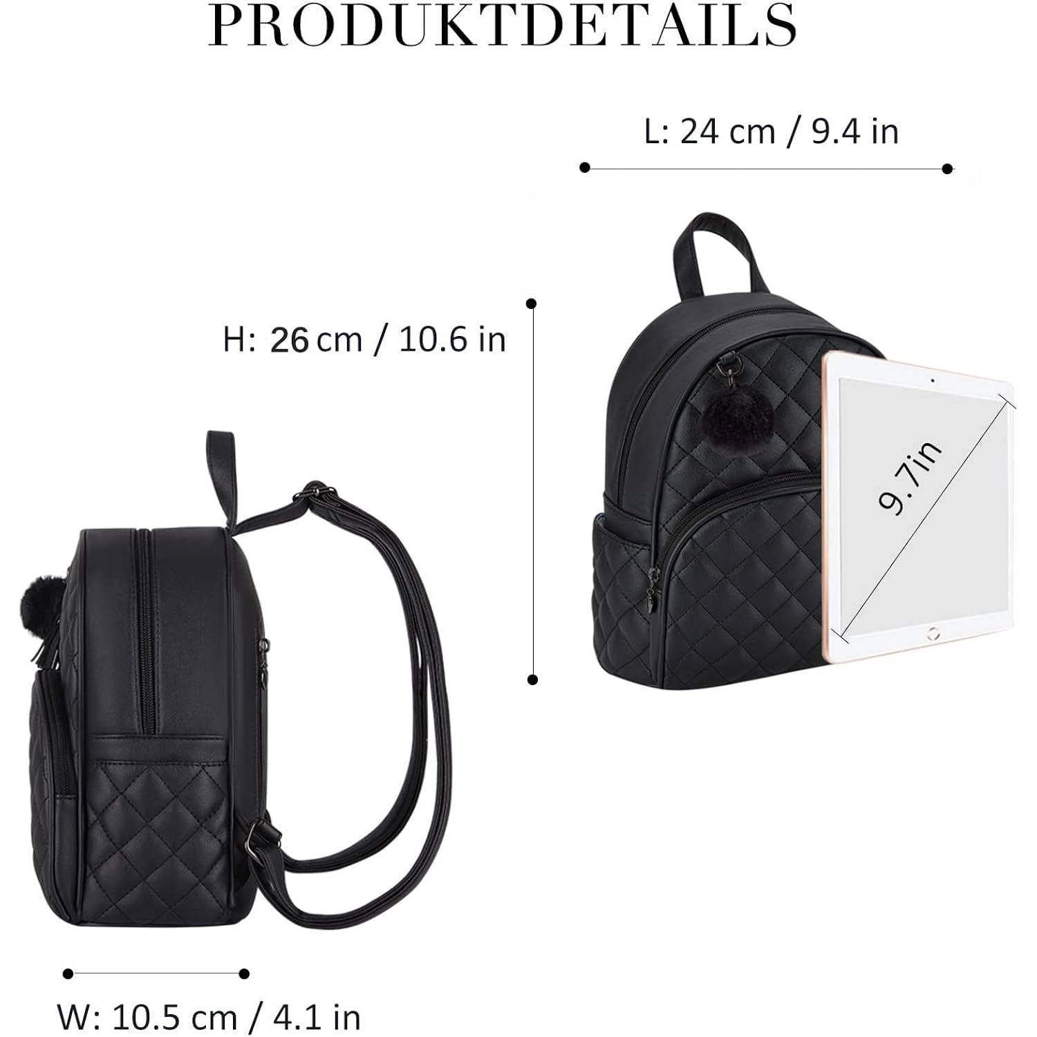 ECOSUSI Mini Backpack for Women Leather Small Backpack Purse for Ladies Cute Pom Bookbag Travel Shoulder Bag with Charm Tassel Black