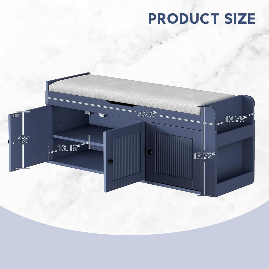 42.6" Storage Bench - Shoe Storage Bench With Side Storage Shelves And 3 Doors, Multifunctional Entryway Bench With Lift Top Cushion, Shoe Bench For Bedroom, Living Room, Entryway, Navy Blue