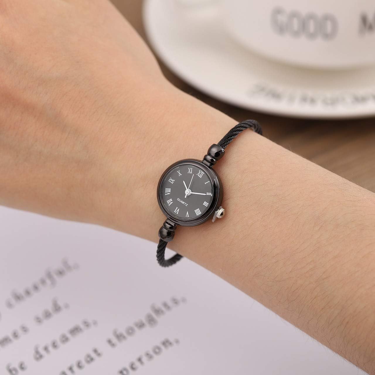 Top Plaza Womens Fashion Analog Quartz Bangle Cuff Wrist Bracelet Watch Elegant Stainless Steel Wire Band Arabic Numerals Dress Watches