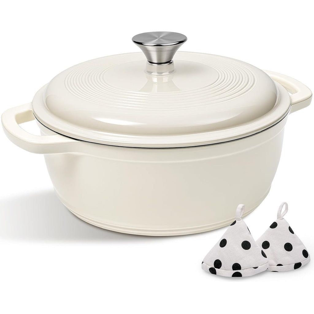 Enameled Cast Iron Dutch Oven Pot With Lid - AIVIKI 5QT Dutch Oven for Bread Baking With Cotton Potholders - Heavy-Duty Cookware for Braising, Stew, Roasting, Oven Safe up to 500°F, Cream White