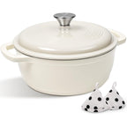 Enameled Cast Iron Dutch Oven Pot With Lid - AIVIKI 5QT Dutch Oven for Bread Baking With Cotton Potholders - Heavy-Duty Cookware for Braising, Stew, Roasting, Oven Safe up to 500°F, Cream White