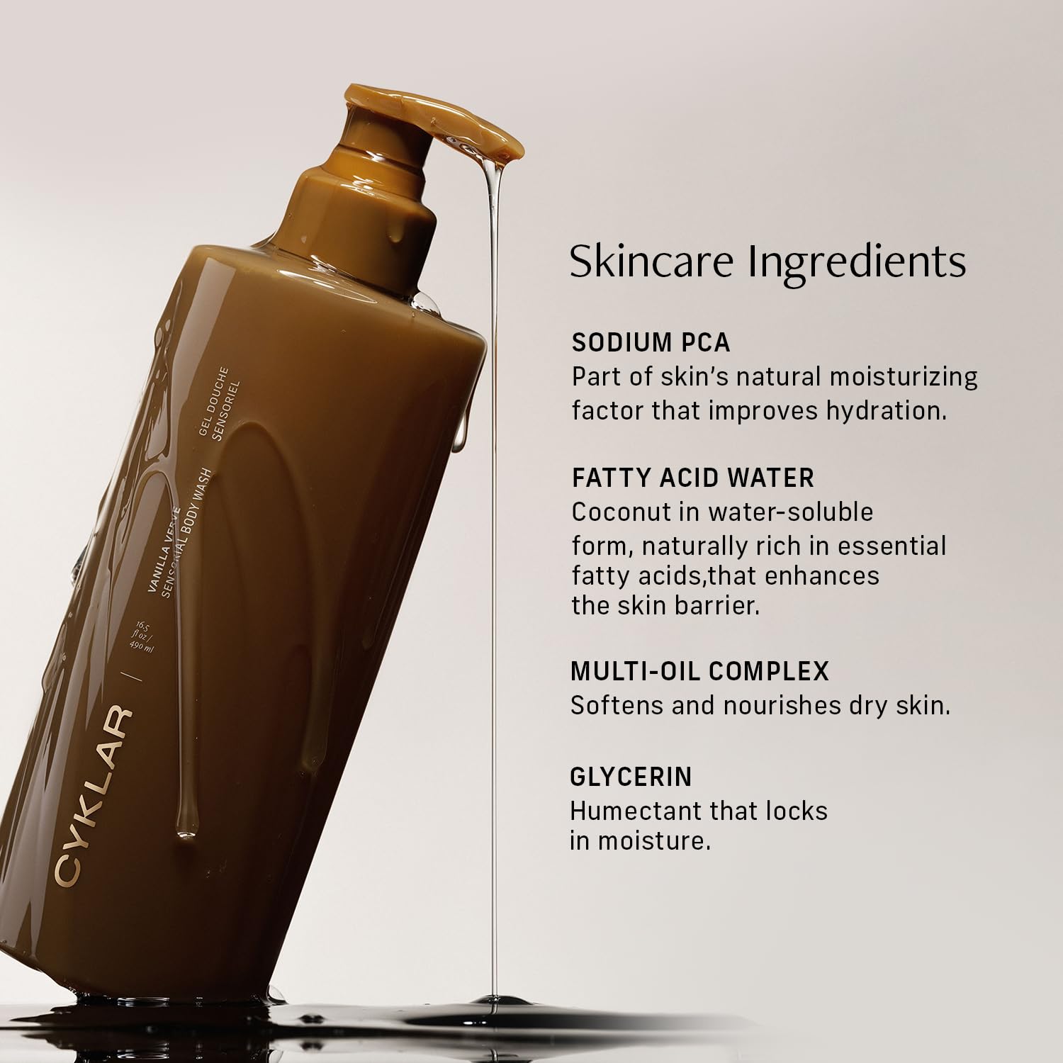 Cyklar Sensorial Body Wash. Vanilla Verve Hydrating Cleanser With Moisture Locking Multi-Oil Complex, Sodium Pca And Glycerin. Nourishing Shower Gel For Women And Men, 16.5 Fl Oz Luxury Bodywash