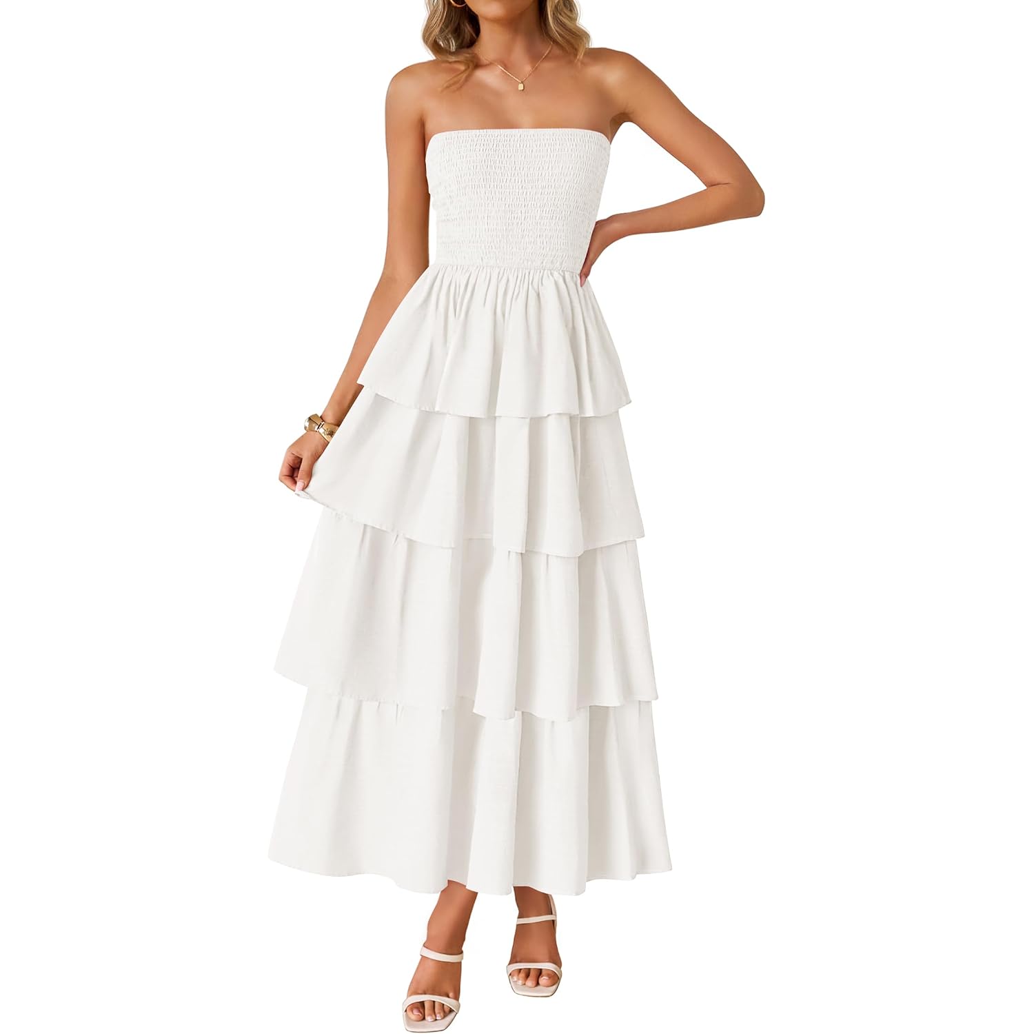 Zesica Women‘S Summer Boho Strapless Maxi Dress 2026 Casual Sleeveless Off Shoulder Smocked Tiered Beach Long Sundress