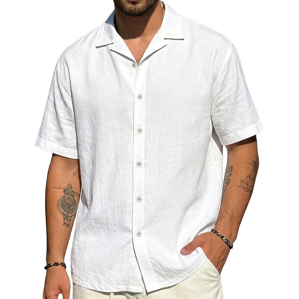 Mens Cotton Linen Shirt Casual Lightweight Button Down Shirt Short Sleeve Summer Beach Vacation Tops
