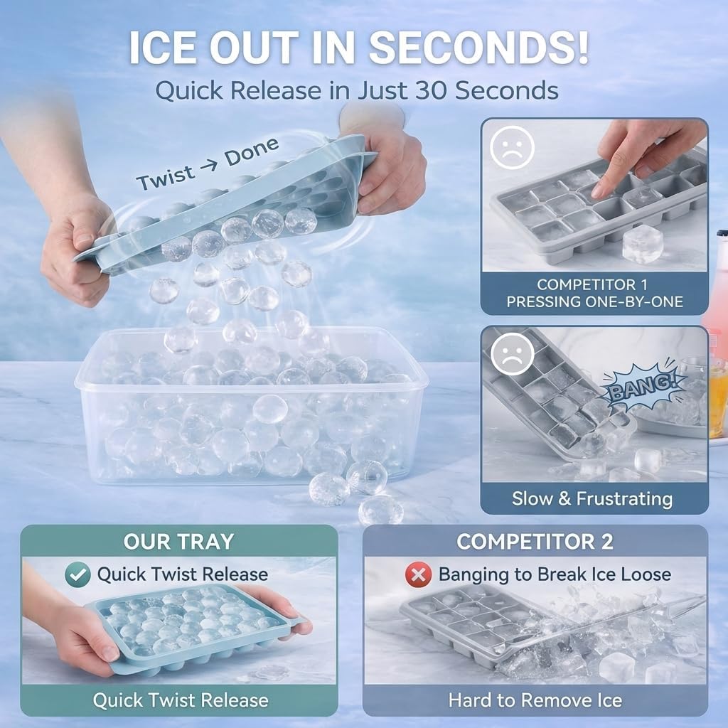 Ice Cube Tray With Lid And Bin - Round Ice Trays For Freezer With Lid - Ice Cube Trays For Freezer With Ice Container (1"-2Pack Blue)
