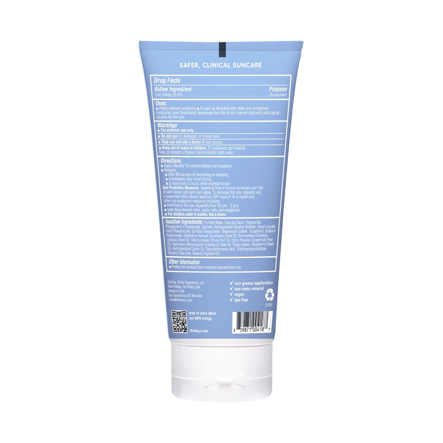 Thinksport SPF 50+ Mineral Sunscreen – Safe, Natural Sunblock for Sports & Active Use - Water Resistant Sun Cream –UVA/UVB Sun Protection – Vegan, Reef Friendly Sun Lotion, 6oz