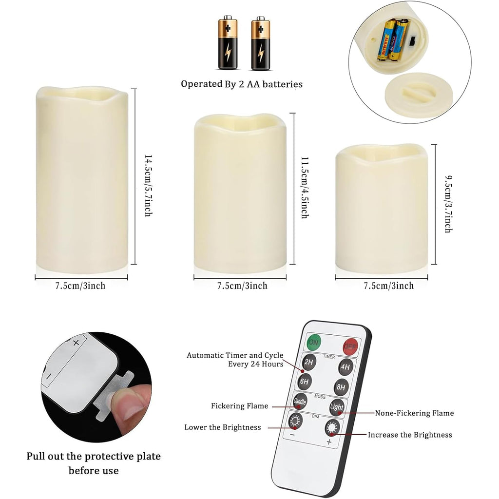 Flameless Candles 4" 5" 6" Outdoor Indoor Pillars Battery Operated Flickering Candles Include 10-Key Remote Timer 400+ Hours By 2 Aa Batteries (Ivory Candle - Warm Light, 3"D X 4"|5"|6" H - 3 Pack)