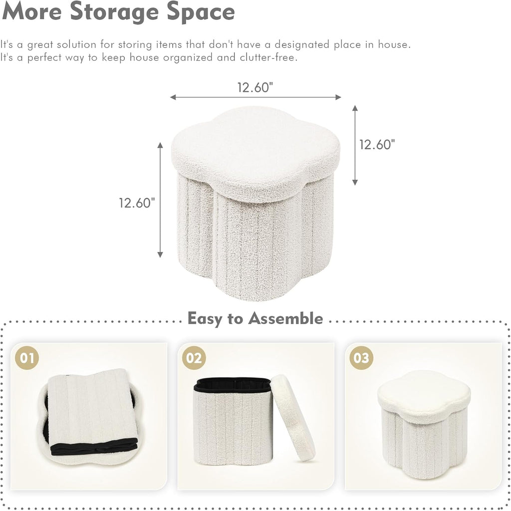 B Fsobeiialeo Storage Ottoman Cube, Flowers Shaped Ottomans With Storage Foot Stool Footrest For Lving Room, Boucle Ottoman Seat For Dorm Room,Faux Teddy Fur,White 12.6"X12.6"X12.6"