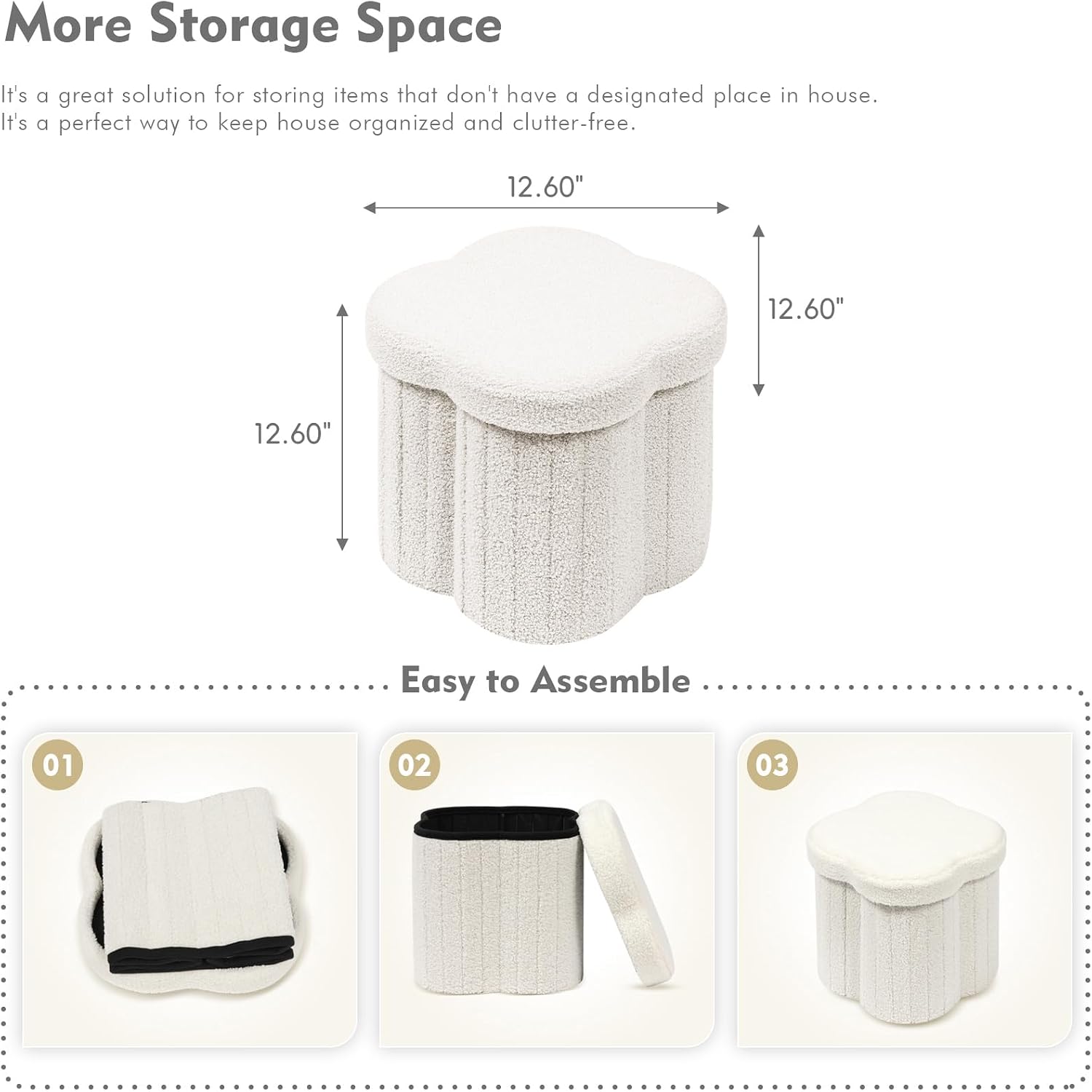 B Fsobeiialeo Storage Ottoman Cube, Flowers Shaped Ottomans With Storage Foot Stool Footrest For Lving Room, Boucle Ottoman Seat For Dorm Room,Faux Teddy Fur,White 12.6"X12.6"X12.6"