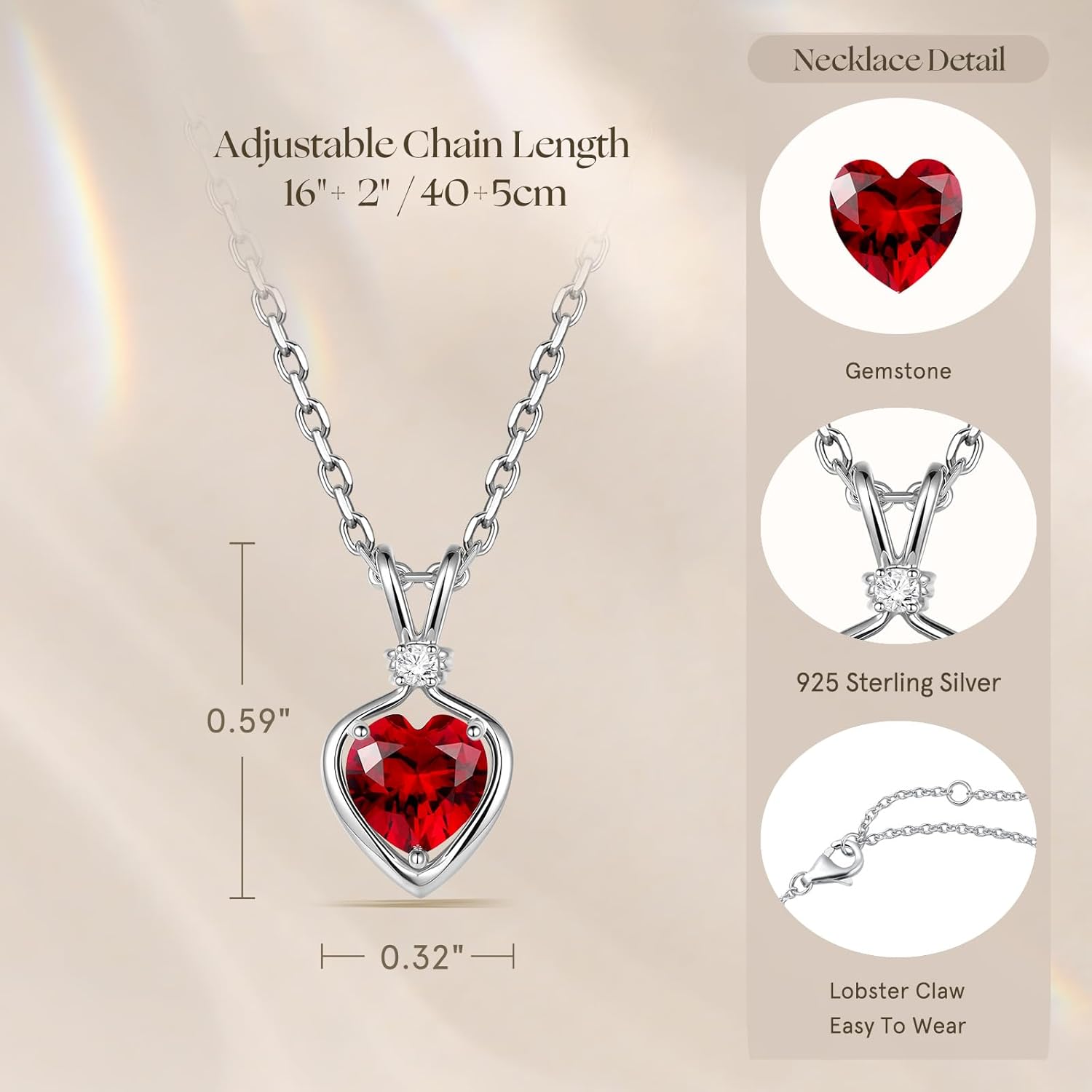 FANCIME 14K Solid White Gold Heart Birthstone Necklace for Women with lab-grown diamond Pendant Birthday Gifts for Mom Women Sterling Silver Chain 16" + 2" Extender