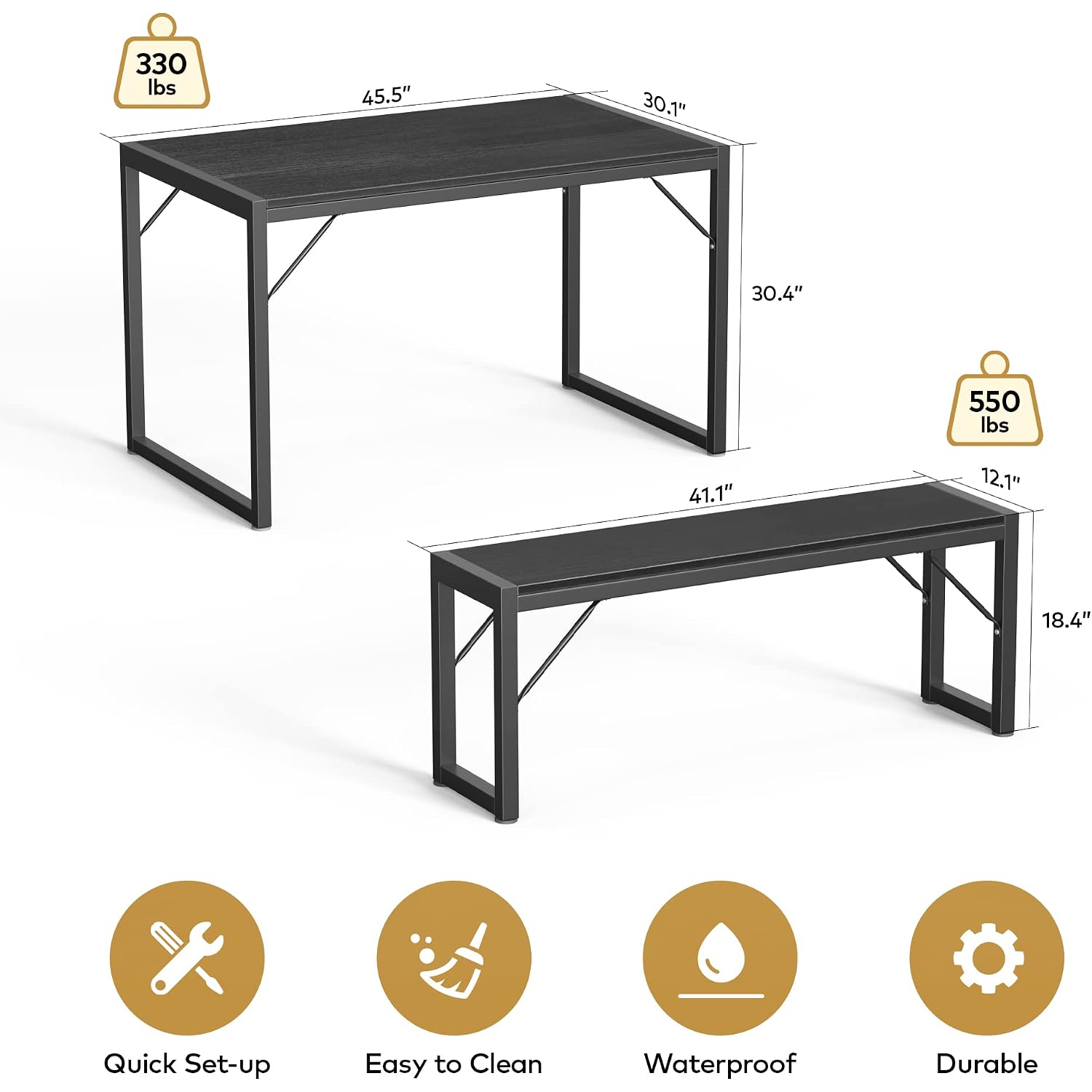 Gizoon 45.5" Dining Table Set For 4 With 2 Benches, Kitchen Table Set With Metal Frame & Mdf Board, Space-Saving Dinette For Kitchen, Dining Room -Black