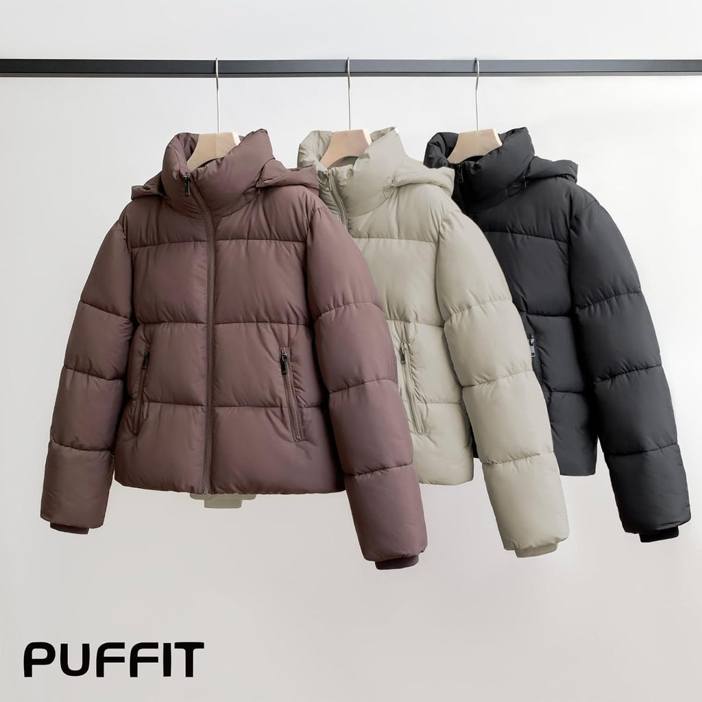 Puffit Women'S Cropped Puffer Jackets,Warm Winter Jacket With Removable Hood,Zipped Pockets,Short Ladies Quilted Coat