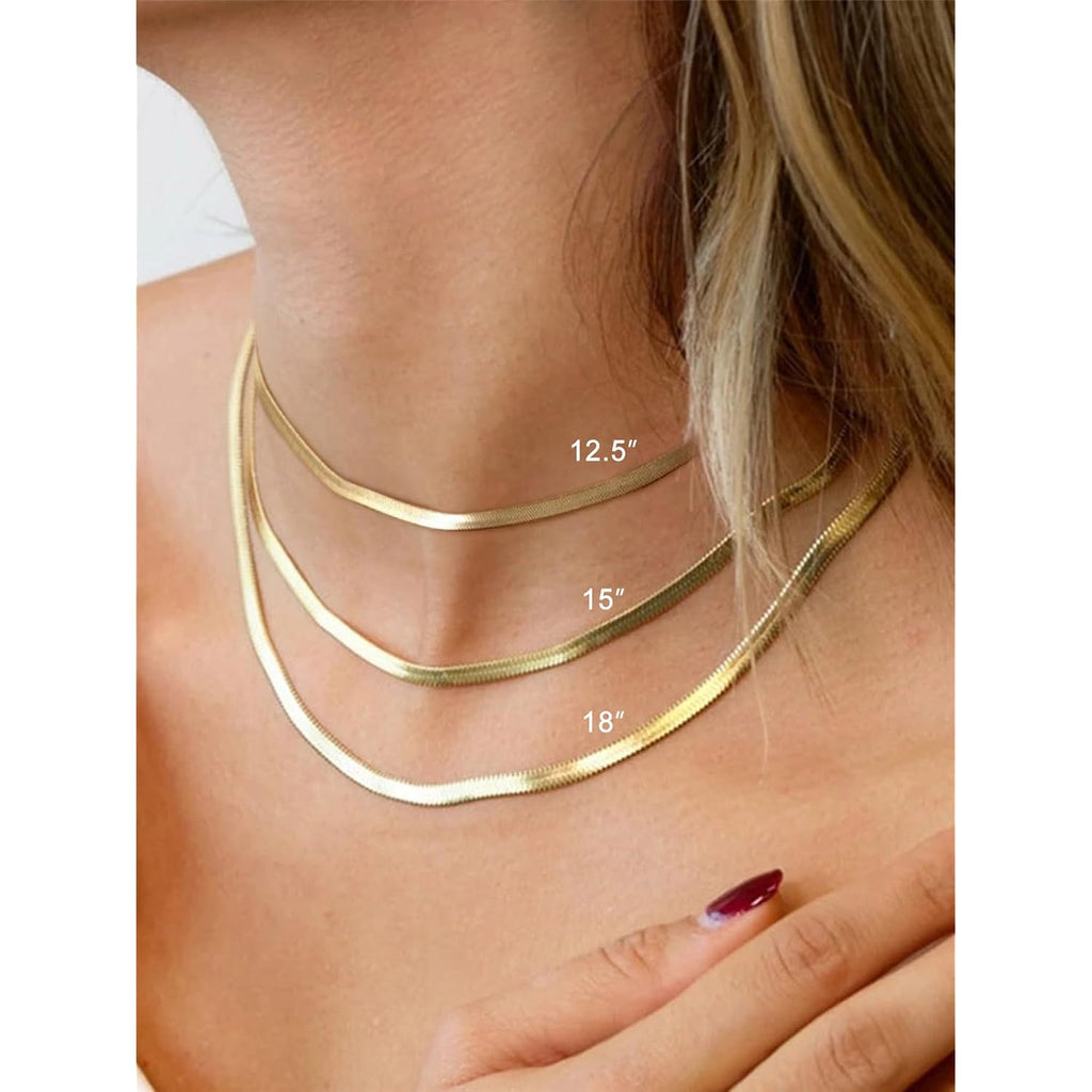 FOCALOOK 14K Gold Plated Necklaces for Women, Fashion Herringbone Choker Necklace Stainless Steel Flat Snake Chain 3/5MM(W) 12.5"/15"/18"+3.5"(L)