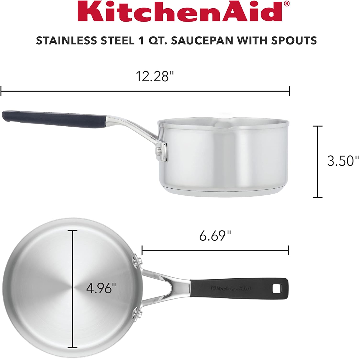 Kitchenaid Stainless Steel Induction Sauce Pan With Pour Spouts, 1-Quart Small Pot, Brushed Stainless Steel