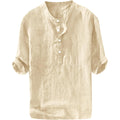 Ryannology Mens Linen Shirts Casual Cotton 3/4 Sleeve Regular-Fit Henley T-Shirt Summer Lightweight Beach Yoga Tops