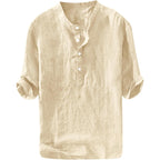 Ryannology Mens Linen Shirts Casual Cotton 3/4 Sleeve Regular-Fit Henley T-Shirt Summer Lightweight Beach Yoga Tops