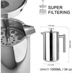 Secura French Press Coffee Maker, 304 Grade Stainless Steel Insulated Coffee Press with 2 Extra Screens, 34oz (1 Litre), Silver