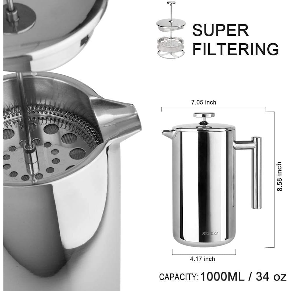 Secura French Press Coffee Maker, 304 Grade Stainless Steel Insulated Coffee Press with 2 Extra Screens, 34oz (1 Litre), Silver