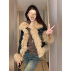 Women'S Winter Vintage Turn-Down Collar Patchwork Flap Pocket Slim-Fit Short Denim Jacket
