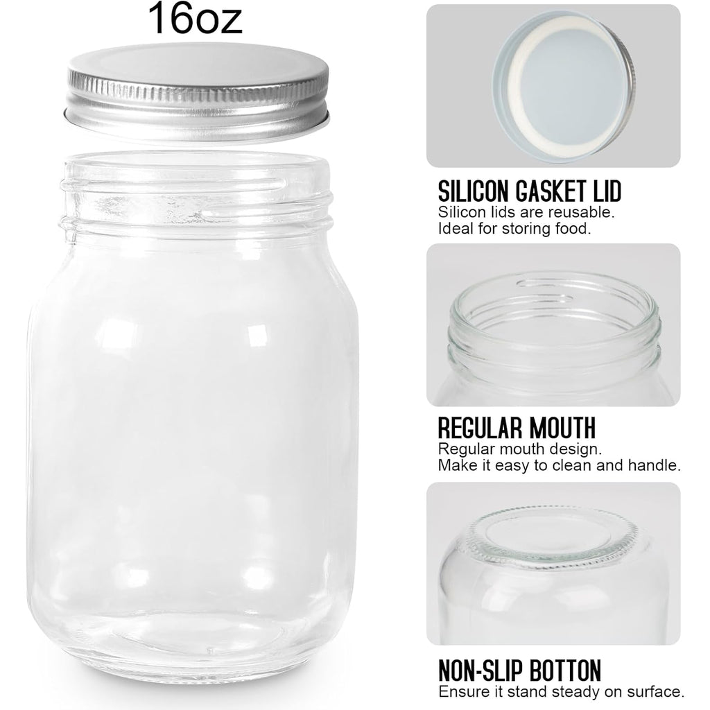 BEWAVE Glass Mason Jars, 16oz Clear Glass Jars with Lids for Sealing, Regular Mouth Canning Jars for Food Storage, Snacks, Candies, DIY Projects, 4 Pack
