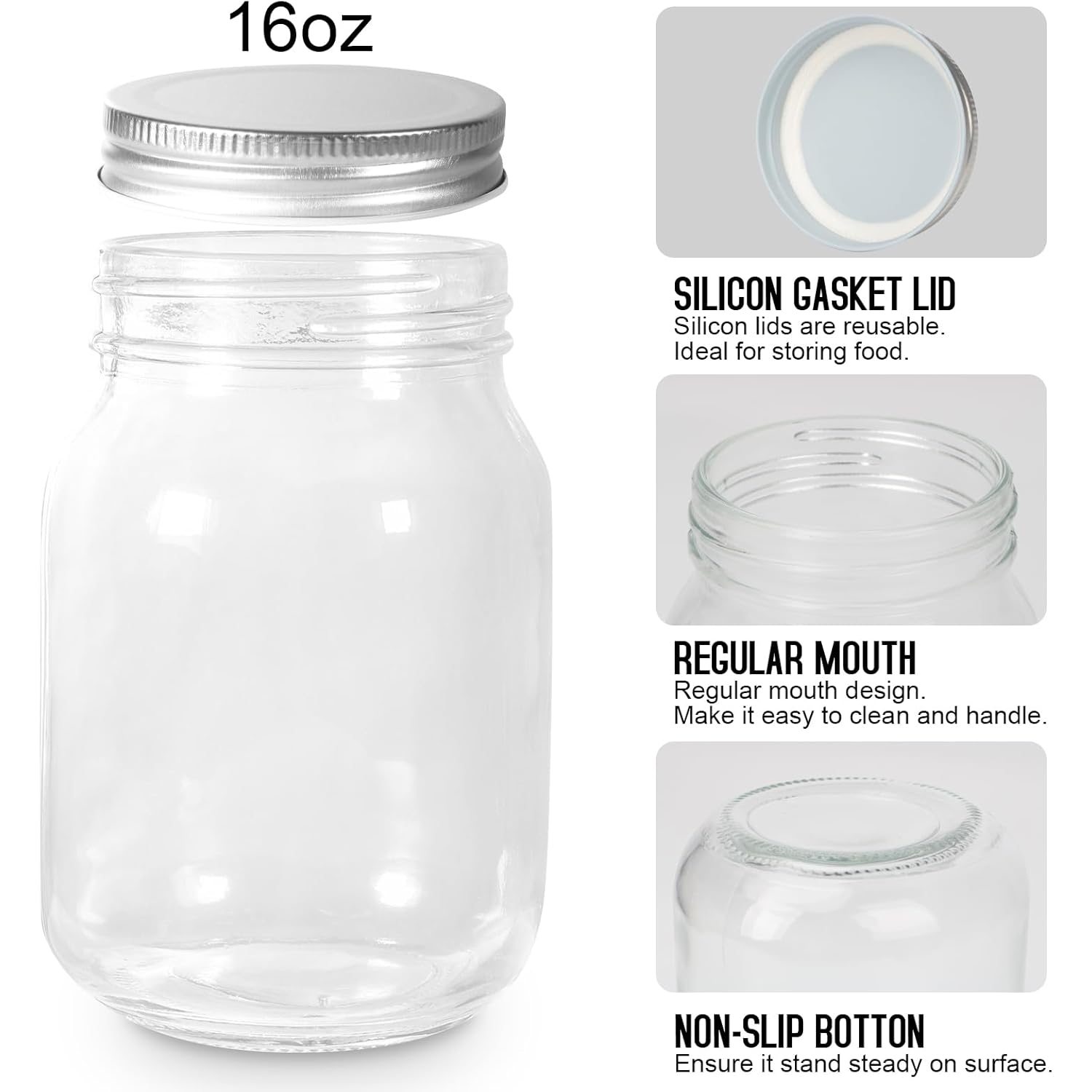 BEWAVE Glass Mason Jars, 16oz Clear Glass Jars with Lids for Sealing, Regular Mouth Canning Jars for Food Storage, Snacks, Candies, DIY Projects, 4 Pack