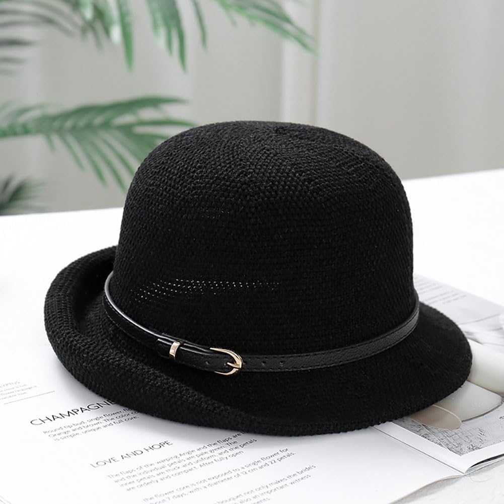 Women Straw Cloche Sun Hat Summer Church Hat 1920s Round Beach Bowler Bucket Hats Roll Brim Travel Caps Belt/Black