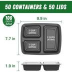 50 Pack (100-Piece) 32 Oz Meal Prep Containers Reusable With Lids 3-Compartment, To Go Take Out Plastic Food Storage Containers, Sturdy Leakproof Food Safe, Microwave Freezer Dishwasher Safe, Black