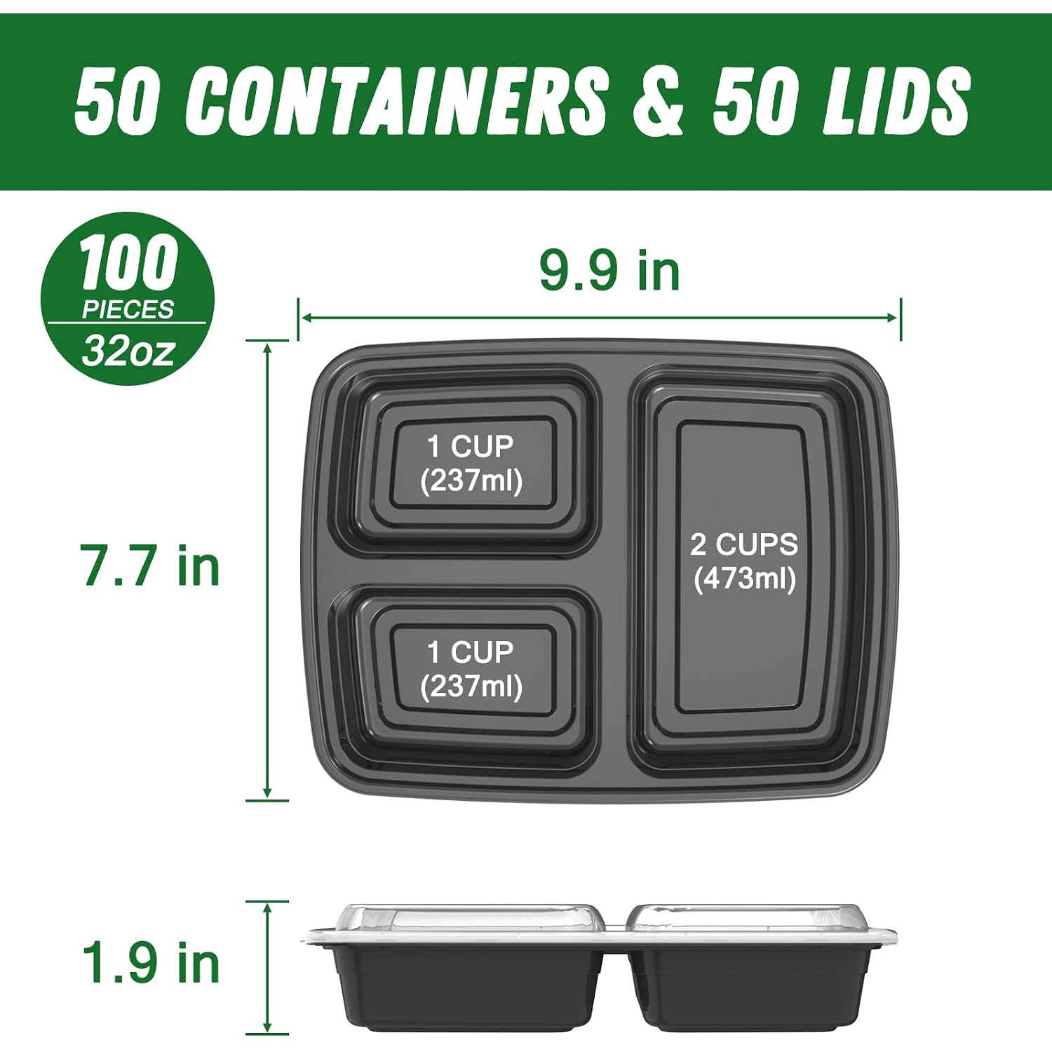 50 Pack (100-Piece) 32 Oz Meal Prep Containers Reusable With Lids 3-Compartment, To Go Take Out Plastic Food Storage Containers, Sturdy Leakproof Food Safe, Microwave Freezer Dishwasher Safe, Black