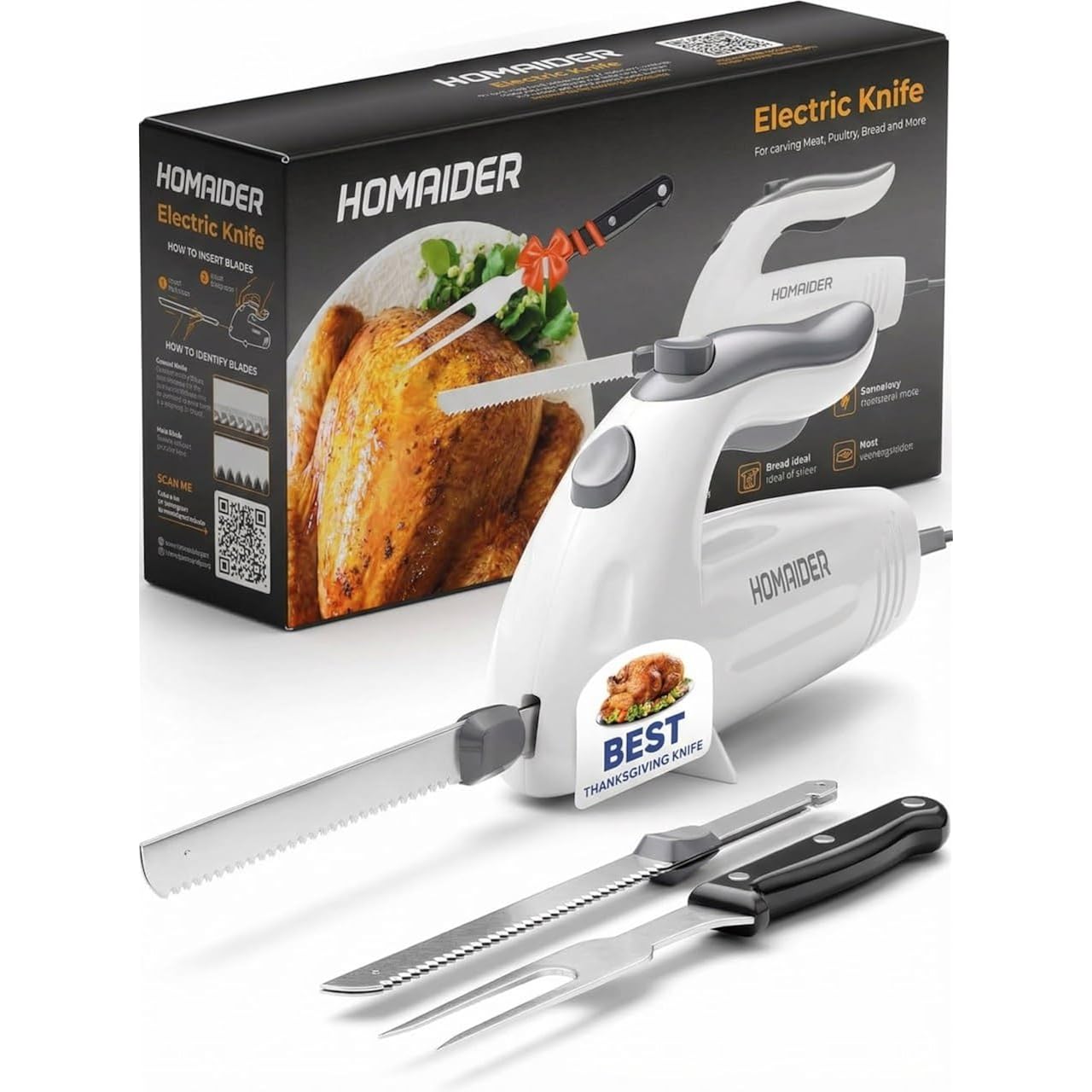 Electric Knife For Meat Slicing, Turkey, Carving Meat, Bread & More | Ergonomic Handle + 2 Carving Reciprocating Stainless Steel Blades And Serving Fork Included, 6 Foot Cord