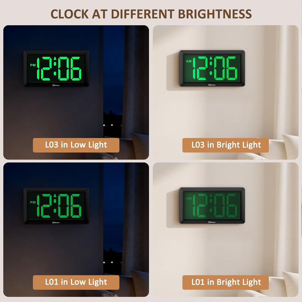 9.5 Inch Large Led Digital Wall Clock Battery Operated, Auto & Manual Dimmer Display, Easy To Read 3.2'' Big Digit With Alarm For Seniors, Modern Decor For Living Room, Bedroom, Office (Green)