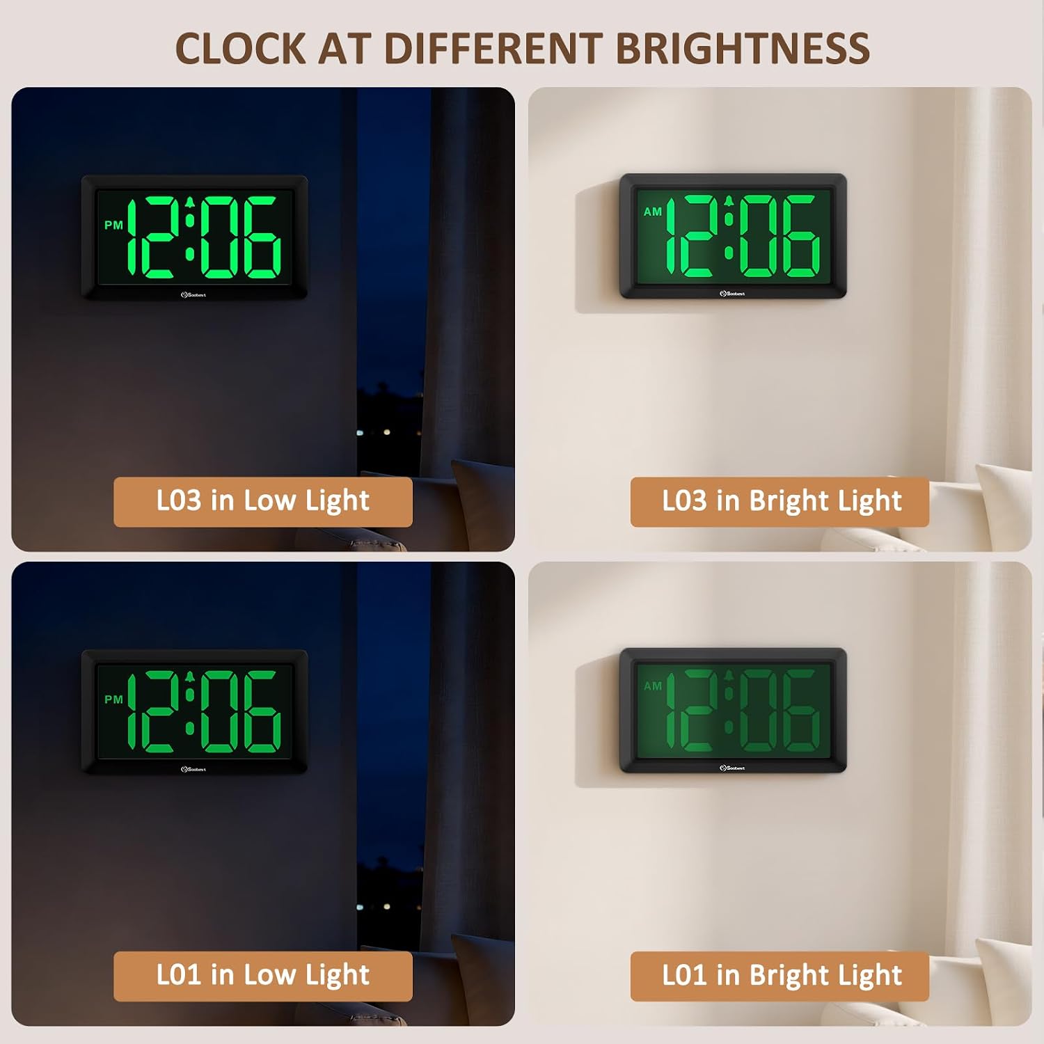 9.5 Inch Large Led Digital Wall Clock Battery Operated, Auto & Manual Dimmer Display, Easy To Read 3.2'' Big Digit With Alarm For Seniors, Modern Decor For Living Room, Bedroom, Office (Green)
