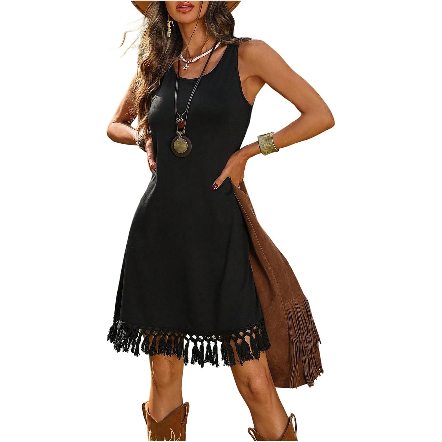 Verdusa Women'S Western Fringe Tank Dresses Cowgirl Sleeveless Short Summer Dress