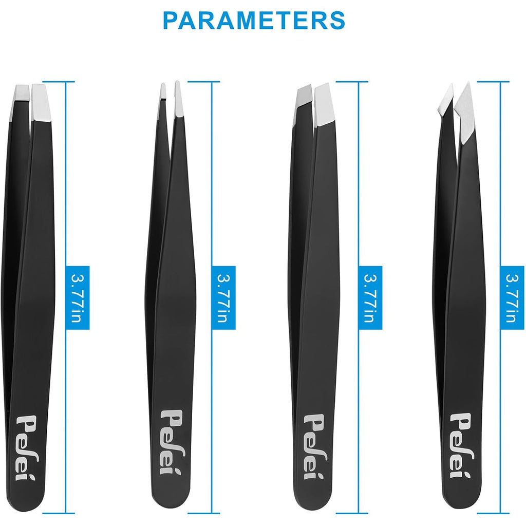 Pefei Tweezers Set - Professional Stainless Steel Tweezers for Eyebrows - Great Precision for Facial Hair, Splinter and Ingrown Hair Removal (Black)
