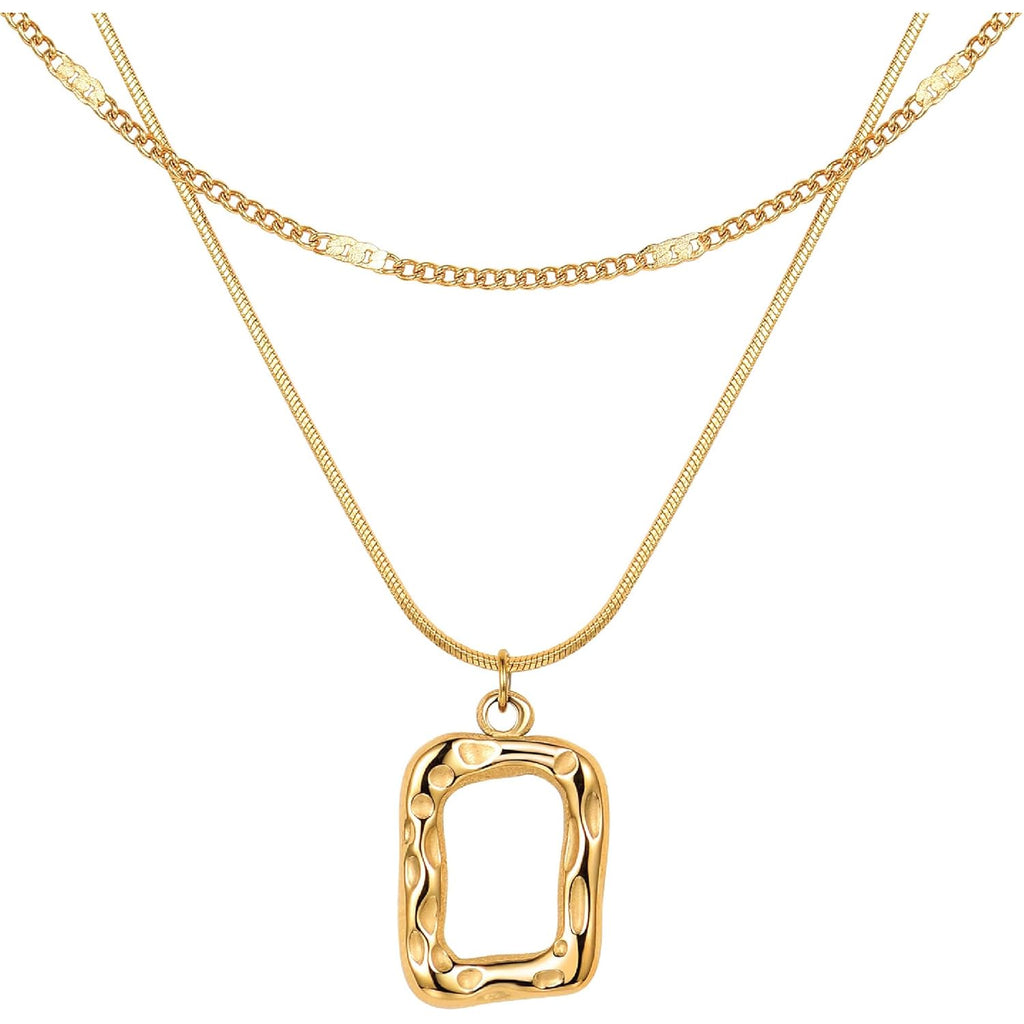 Evabelle Gold Layered Necklace for Women Trendy Jewelry 14K Real Gold Plated Chunky Chain Stackable Necklaces Dainty Choker Necklaces Rectangle Square Pendant