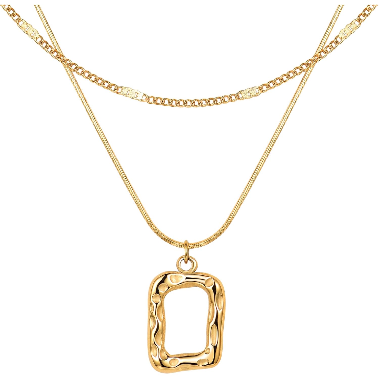 Evabelle Gold Layered Necklace for Women Trendy Jewelry 14K Real Gold Plated Chunky Chain Stackable Necklaces Dainty Choker Necklaces Rectangle Square Pendant