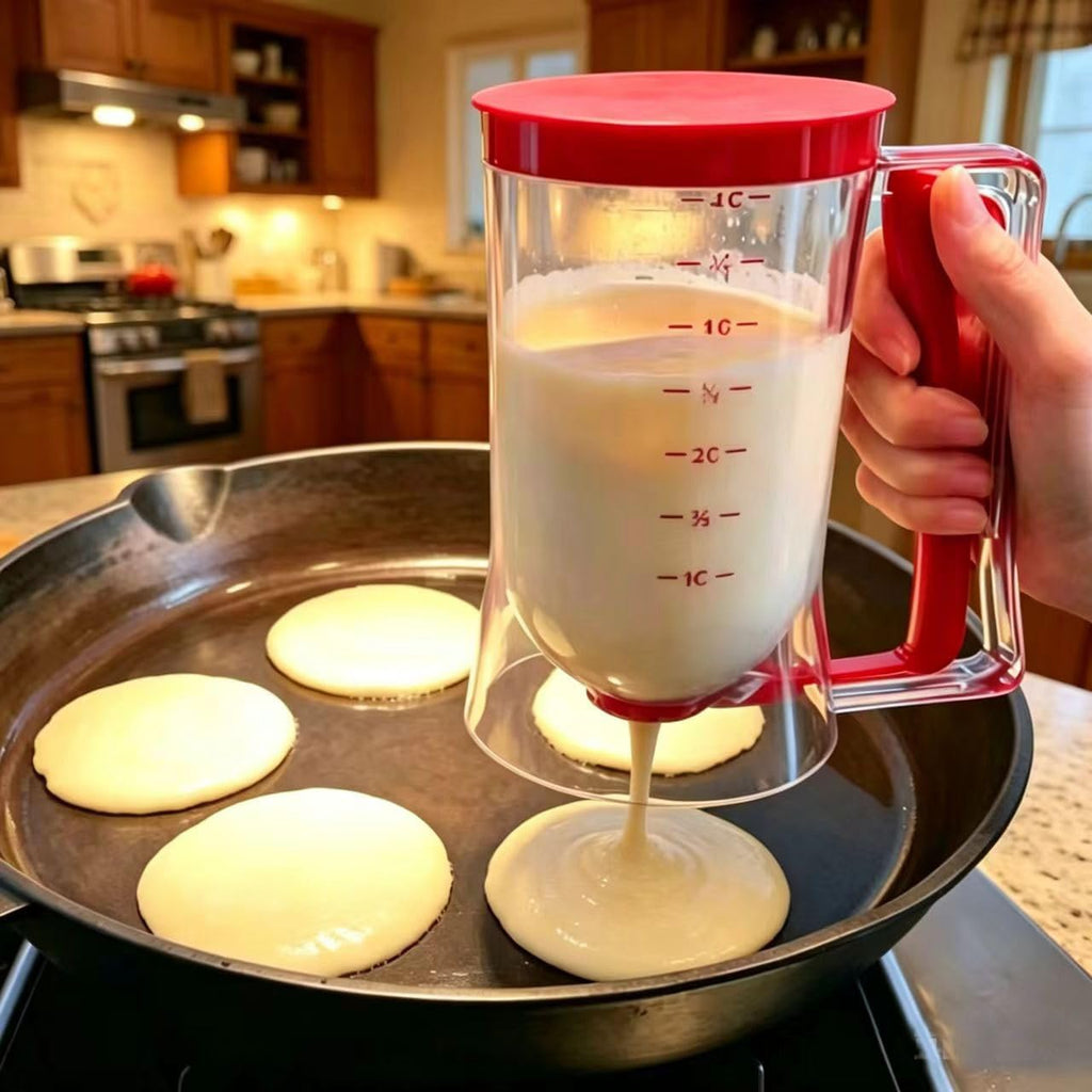 Bbstarz Pancake Batter Dispenser – 4-Cup Batter Dispenser With Squeeze Handle & Measuring Marks For Pancakes, Waffles, Muffins, Crepes & Cupcakes – Baking Tool(Red)