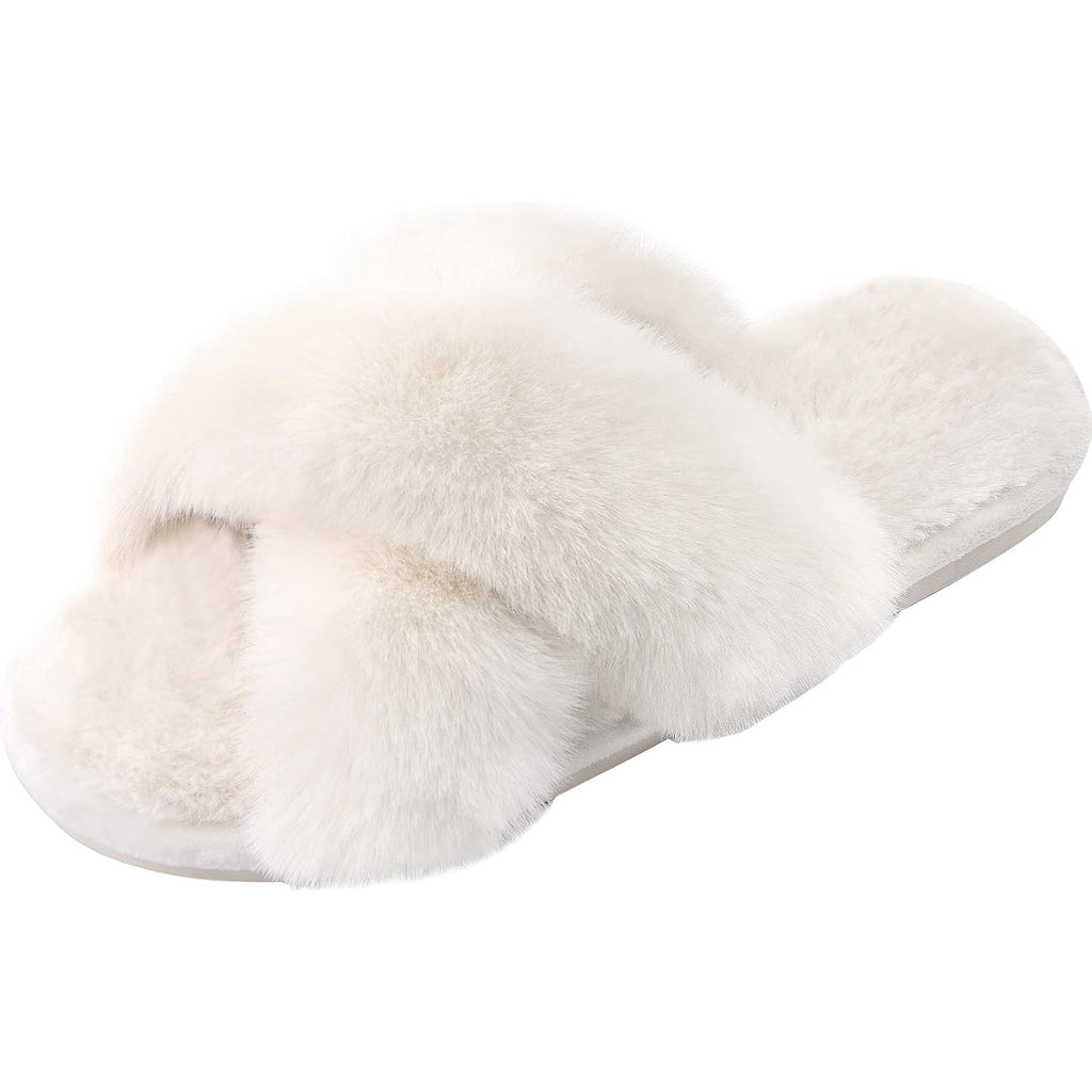 Women'S Fuzzy Cross Band Slippers, Memory Foam House Shoes With Anti-Slip Rubber Sole, Open Toe Plush Fleece Indoor Slippers For Ladies, Cozy Gifts For Women