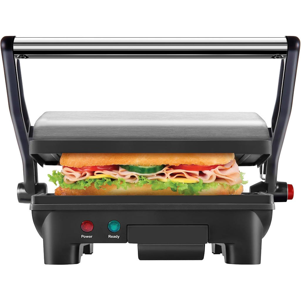 Chefman Electric Panini Press Grill, Compact 2-Slice Sandwich Maker, Non-Stick Coated Plates, Opens 180 Degrees, Dishwasher Safe, Removable Drip Tray, Stainless Steel/Black