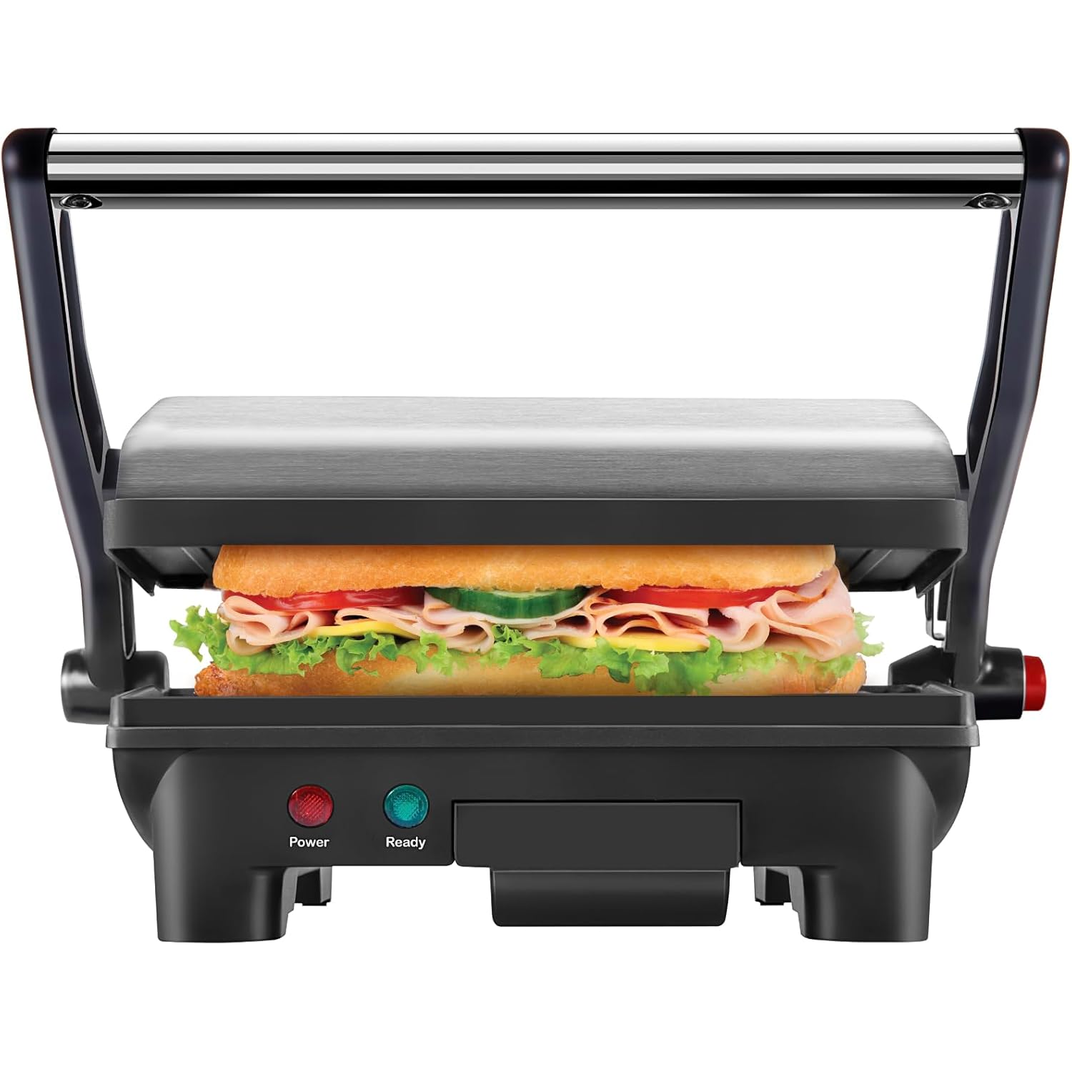 Chefman Electric Panini Press Grill, Compact 2-Slice Sandwich Maker, Non-Stick Coated Plates, Opens 180 Degrees, Dishwasher Safe, Removable Drip Tray, Stainless Steel/Black