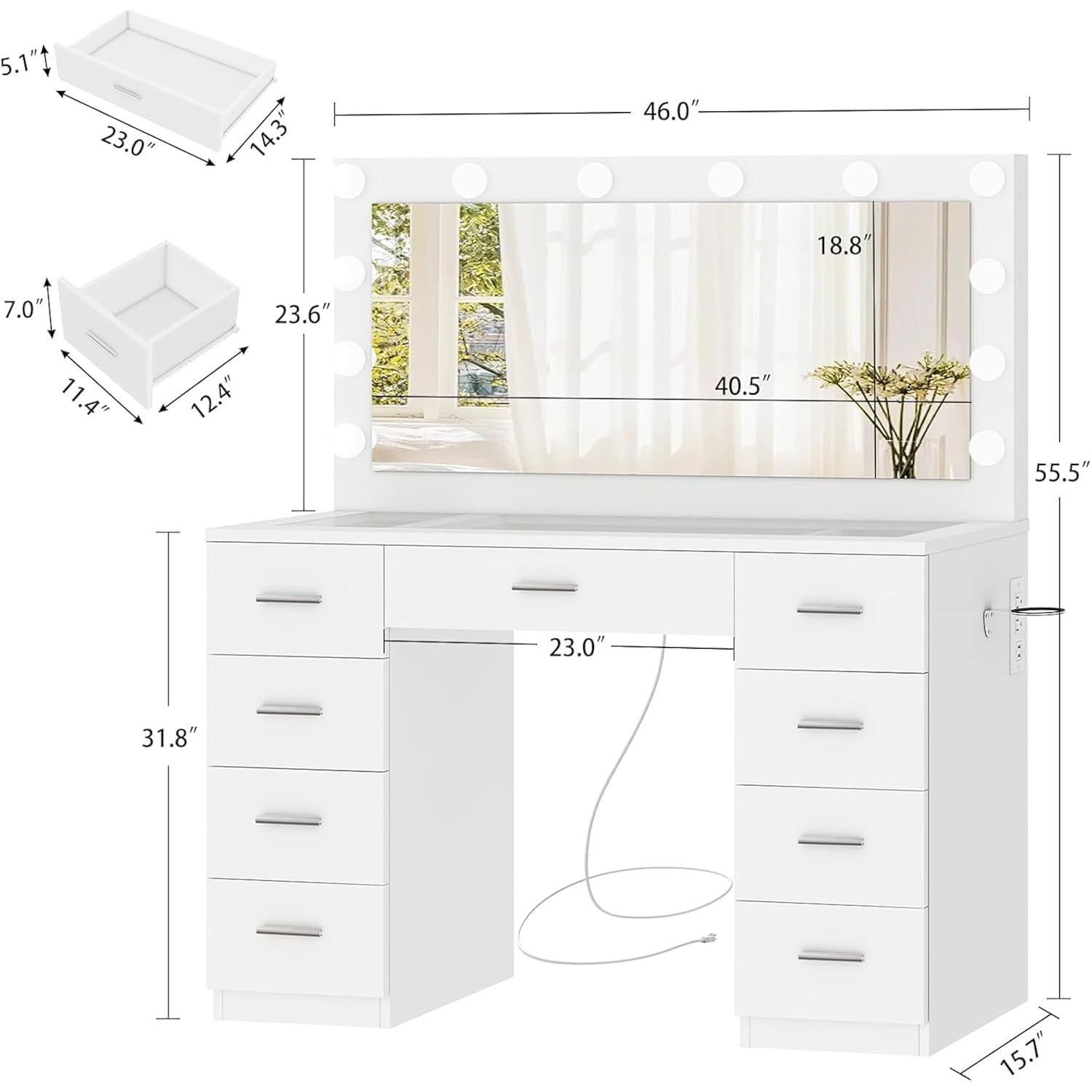 Fioneso 46" Vanity Desk With Glass Top & Lights Mirror, 3 Adjustable Lighting Color, Makeup Vanity With 9 Drawers And 12 Led Lights, Dressing Table For Bedroom, Vanity For Girls, White
